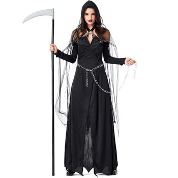 Črna Suspender Dolgo Obleko Čarovnice Devils Kostume Z Hooded Cape Za Žensko Dekle Halloween Party Cosplay