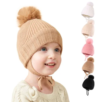 Fantje in dekleta baby jeseni in pozimi barva pletene otroške klobuk spot pletene ušesa plus žamet toplo baby klobuk