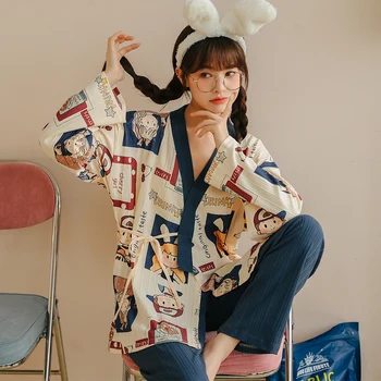 Jeseni Ženske Pižame Dolgo Vrhovi+Dolge Hlače Dveh Kosov Set Sleepwear Bombaž Dekleta Kimono Homewear Priložnostne Mehko Pižame