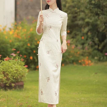 Pomlad Tradicionalni Kitajski Qipao Obleko Boljše Dekle Cvet Vezene Visoko Režejo Dolga Obleka Ženske Orientalski Cheongsam Obleke