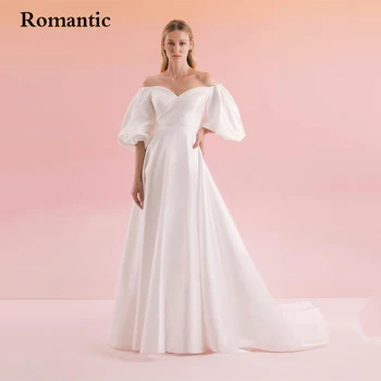 Romantično, Elegantno Dolge Večerne Obleke Linije Beli Saten Off Ramo Puff Rokavi Rojstni Dan Obleke Zamah Vlak Plus Velikost