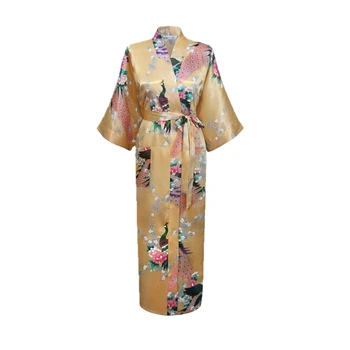 Zlato Moda za Ženske Pav Dolgo Kimono Kopel Haljo Nightgown Obleke Yukata kopalni plašč Sleepwear S Pasom S M L XL XXL XXXL