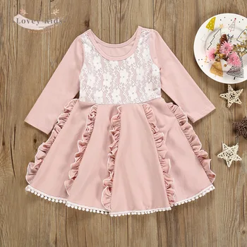 2020 Jeseni Malčke Baby Girl Obleke Sweet Oblačenja Čipke Mozaik Ruffle Dolg Rokav A-linijo Pink Barva 1-6Y