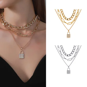 Osebnost multi-layer ogrlica 3-layer debelo verigo kovinski ogrlica ženskosti mikro nastavite zaklepanje obliko dolgo ogrlico