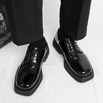 Moške Japonska Karajuku korejski Modni Stil Ulične Debele Platforme Priložnostne Lakastega Usnja Čevlji Moški Čipke Obleko Usnjeni Čevlji