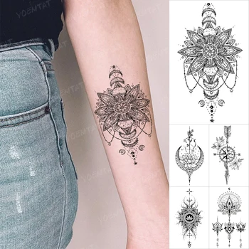 Lotus Nepremočljiva Začasni Tattoo Nalepke Luna Puščica Kompasa Zapestje, Roko Človek Ponaredek Tatoo Body Art Otrok Tattoo Ženski