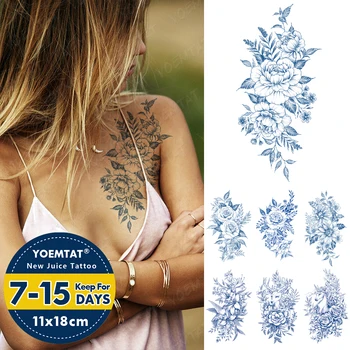 Semi-Trajne Nepremočljiva Začasni Tattoo Nalepke Peony Lily Rose Listov Sok Trajno Črnilo Tatto Body Art Genipin Zeliščni Tetovaže
