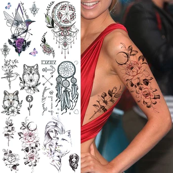 Dolgotrajno Luna Lotus Flower Začasne Tetovaže Za Ženske Lady Realne Geometrijske Hummingbird Volk, Lisica Ponaredek Tattoo Nalepka